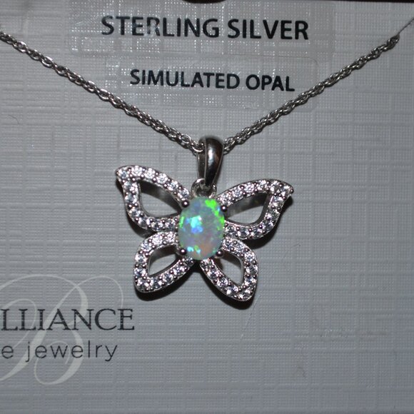 BRILLIANCE Fine Jewelry Sterling Silver Simulated Opal Butterfly Pendant - Picture 2 of 3